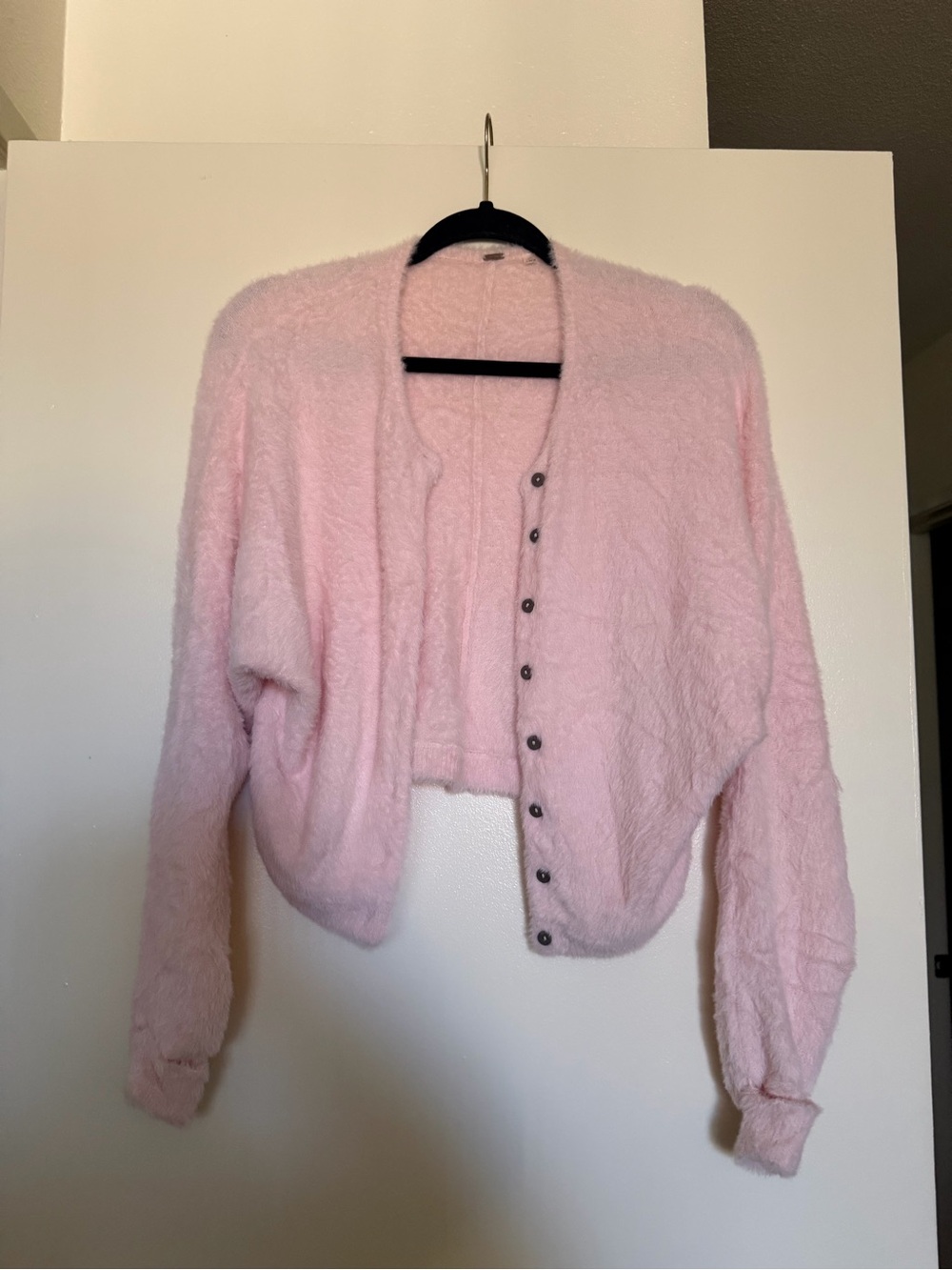 Free People Light Pink Fuzzy Cropped Button Cardigan